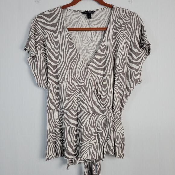 Banana Republic linen short sleeve zebra print wrap top size L gray white career - Picture 8 of 8